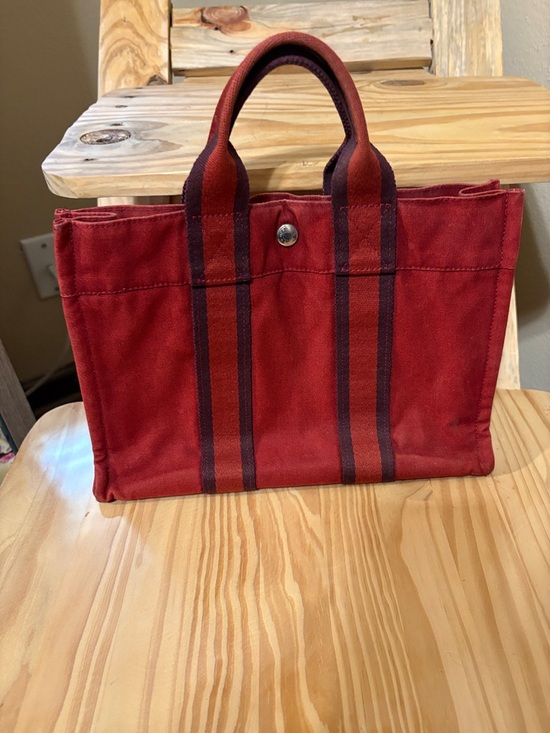 Hermes Handbags - Hermes Fourre Tout PM Red Canvas Tote with Dark Stripe Handles EUC Vintage